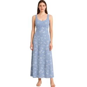 Vtg Y2K Blue Butterfly Maxi Dress Smocked Bodice Candy Rocket Fairycore Sz L USA